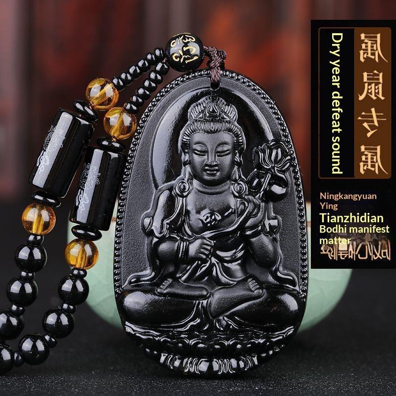 Black Obsidian Buddha Pendant Carved Design Beaded Chain Daily Wear Lucky Gift For Men Women