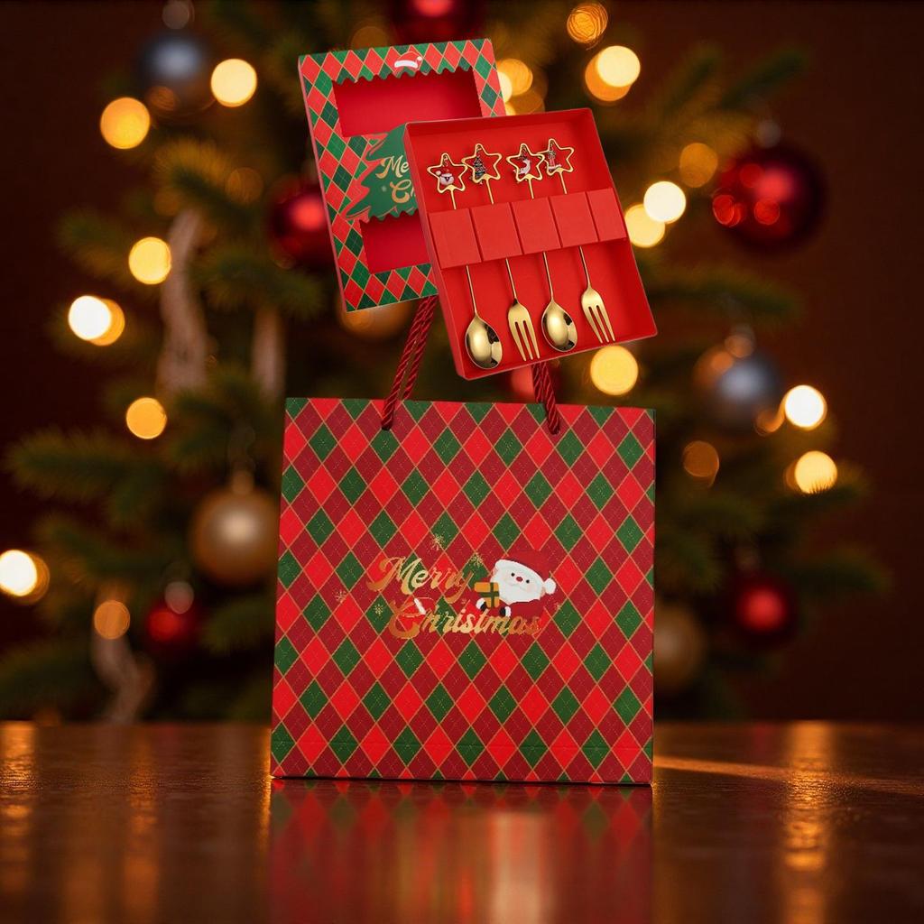 Christmas Cartoon Cutlery Set: Forks, Spoons, and Gift Box Featuring Cute Reindeer and Tree Designs.