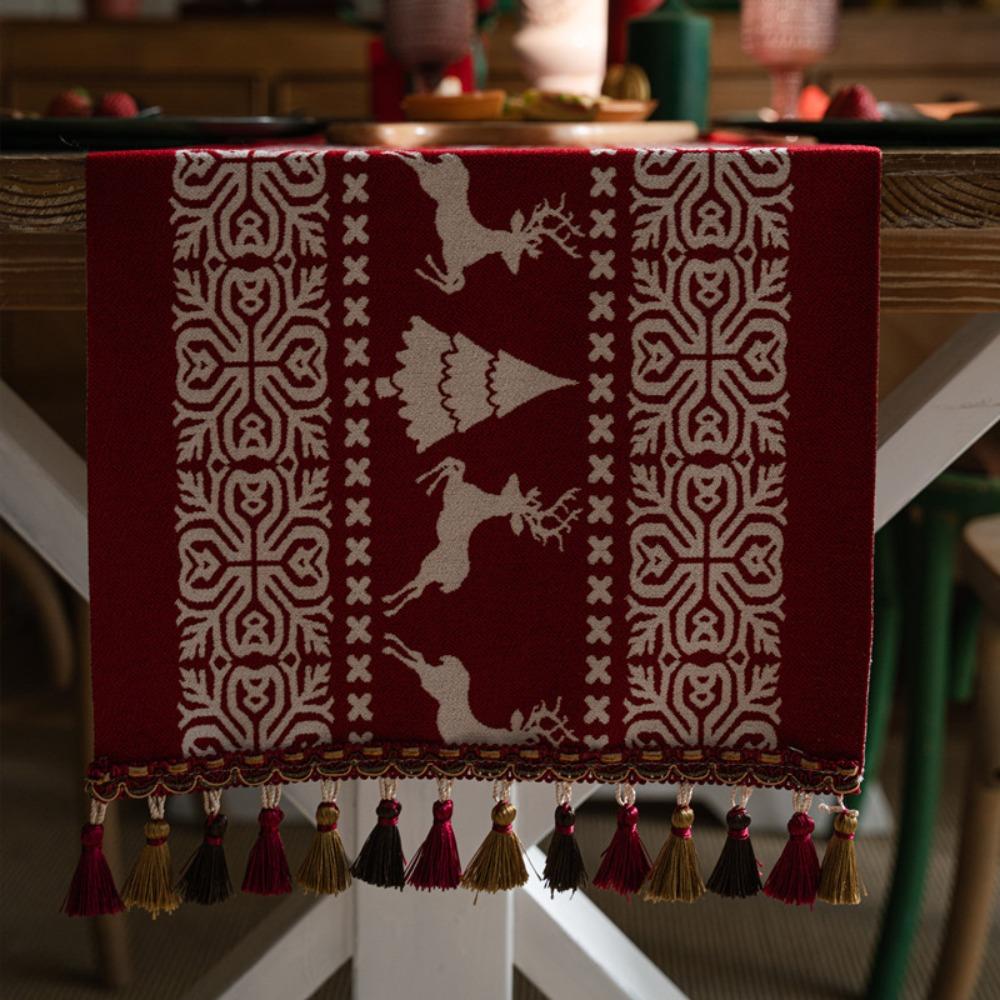 Christmas Snowman Jacquard Table Runner with Fringe Polyester Home Decor Tablecloth Bedspread
