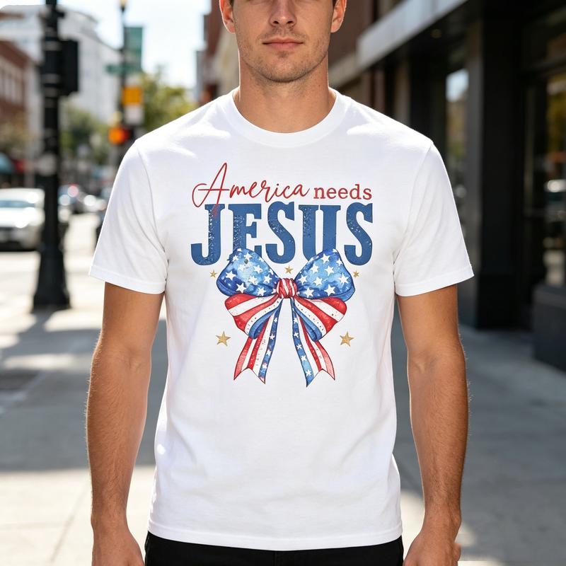 Patriotic Christian T Shirt America Needs Jesus Graphic Tee With USA Flag Bow Print For Unisex Unisex Soft Cotton Crew Neck E