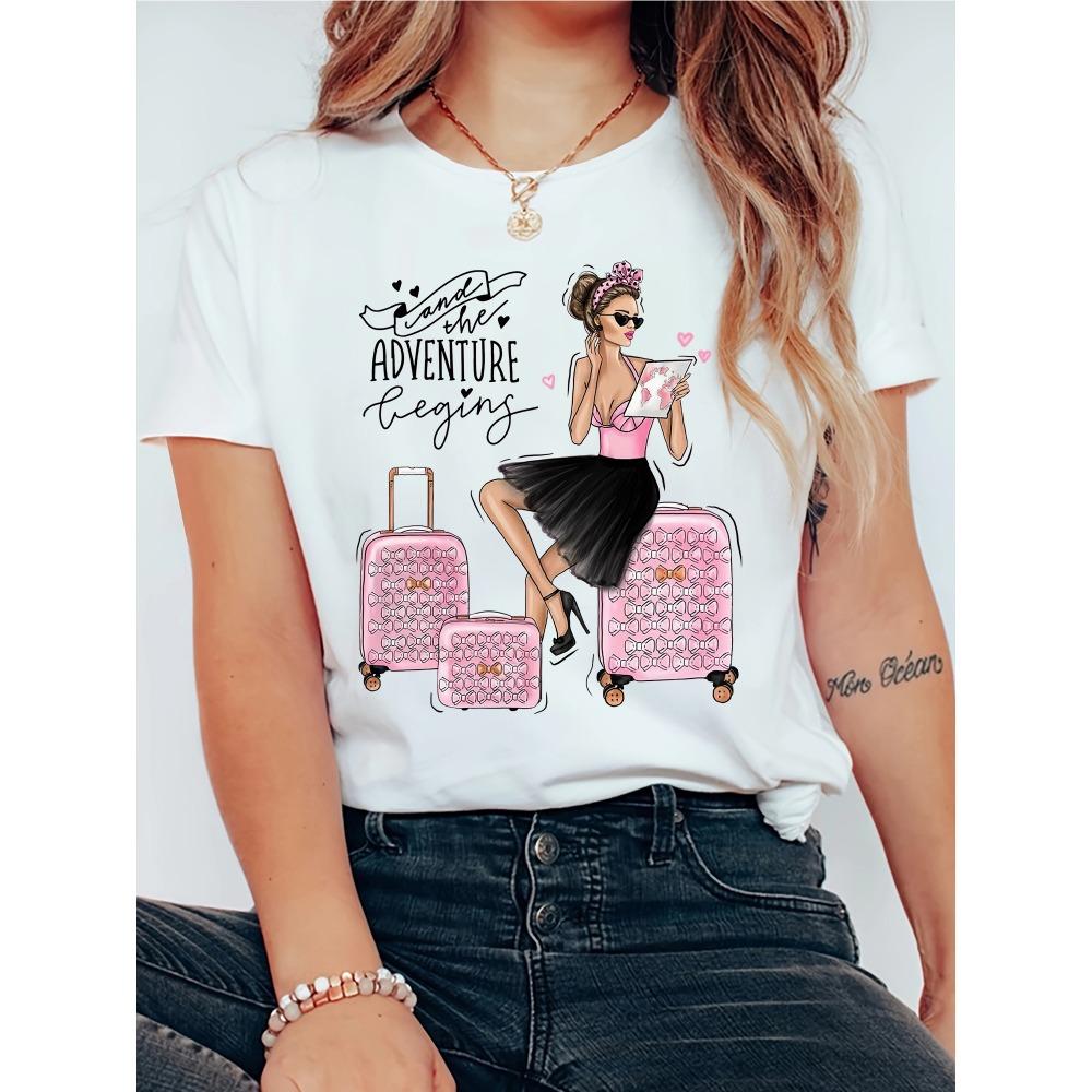 

Short Sleeve Top with Stylish Luggage Girl Graphic Women S Travel-Themed Casual Crew Neck T-Shirt Soft Elastic S