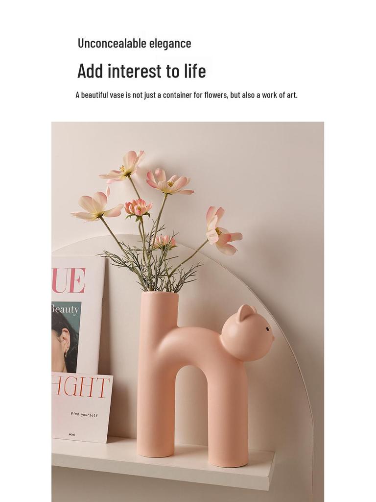 Nordic Cat Flower Vase Ornament - Cute Cream Style Decoration for Floral Arrangements