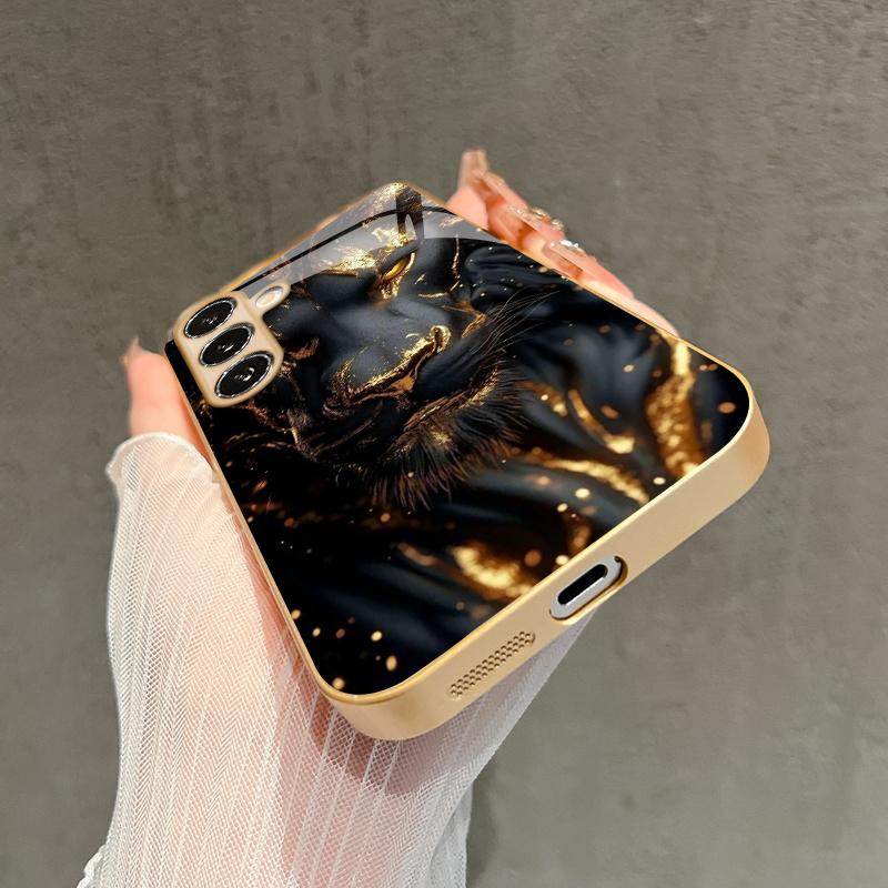 Black Gold Lion Pattern 2D Phone Case for Samsung S26 S25 S24 S23 S22 S21 S20 A56 - Golden Metal Paint Glass Protective Cover