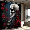 Gothic Skeleton & Red Roses Shower Curtain - Dark Art Bath Decor, 12 Hooks, Polyester, Machine Washable, Gothic-Themed Accessory