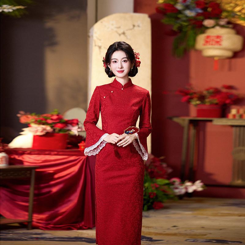 New Chinese Style Red Modified Long-Sleeve Autumn Qipao 1011 New Bride Toast Dress High-End Wedding Banquet Dress