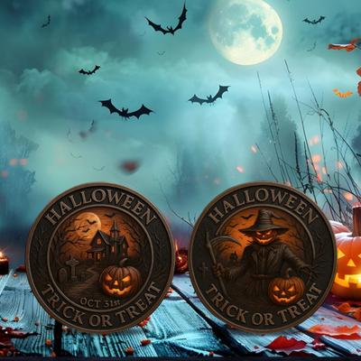 Moneda Desafío de Halloween Espantapájaros Calabaza Edición Reaper Moneda Truco (Lado del Cráneo) o Trato (Lado de calabaza) Moneda Coleccionable de Doble Cara para Fiesta