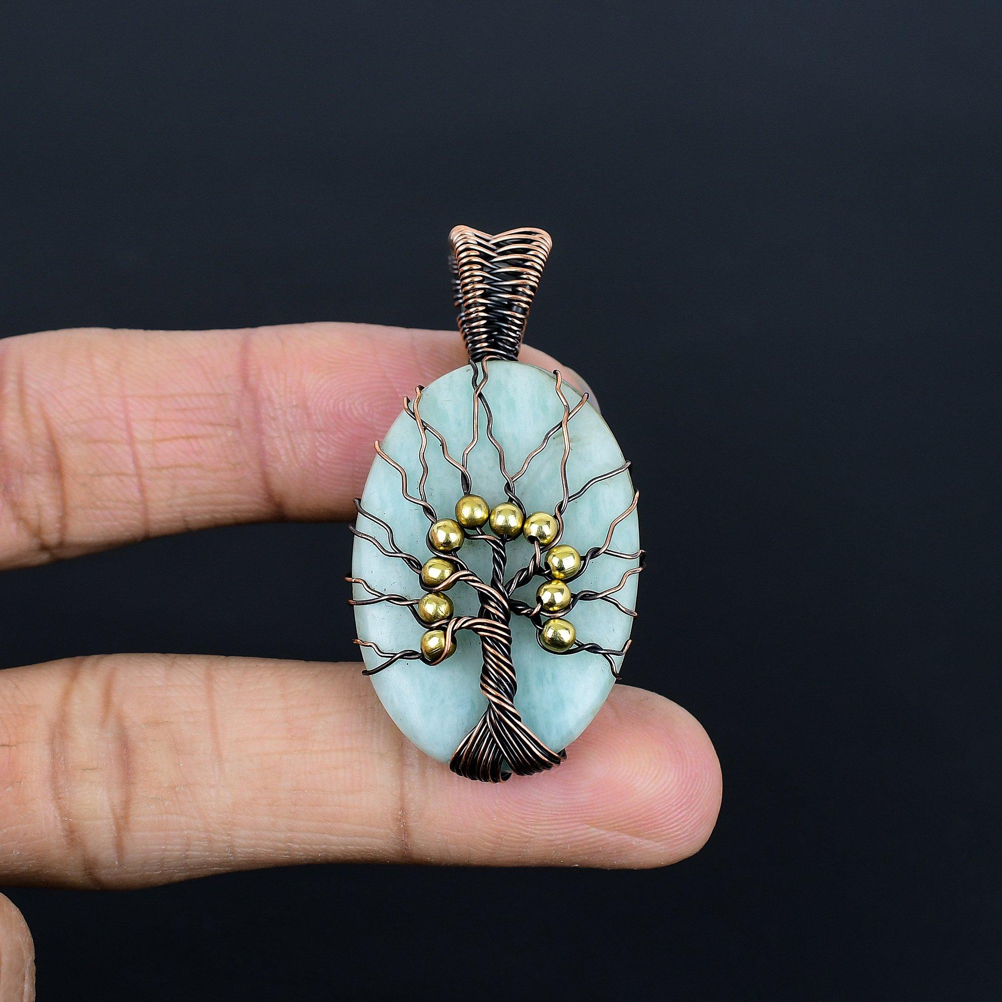 

Подвеска Древо Жизни из Амазонита, обмотанная медной проволокой 999 пробы Подвеска Ручной Работы с Драгоценным Камнем, Подарки для Жены Новая Подвеска 2.36 Inches синий