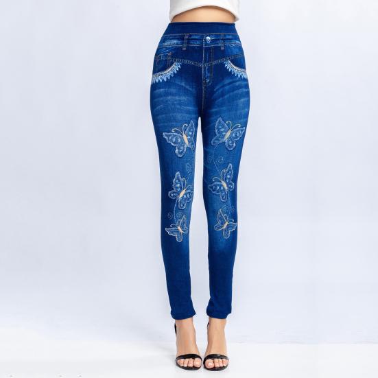 Fake Jeans Butterfly Print Stretchy Women Ankle Length Butt Lift Trousers for Dating