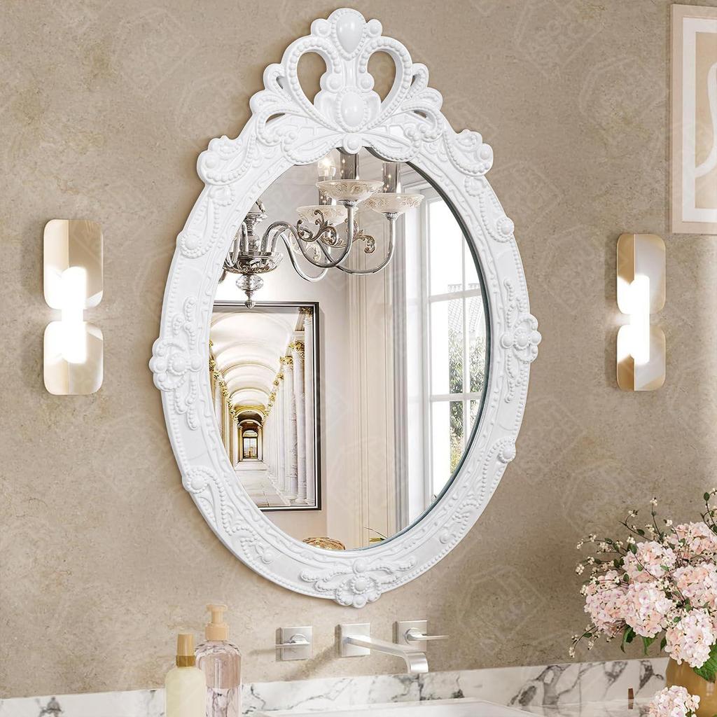 Koupelnová stěna s ozdobným designem Oválný tvar Vintage nástěnná dekorace pro koupelnu, ložnici, toaletní stolek, foyer (Bílá - V 57,5 x Š 39 cm)