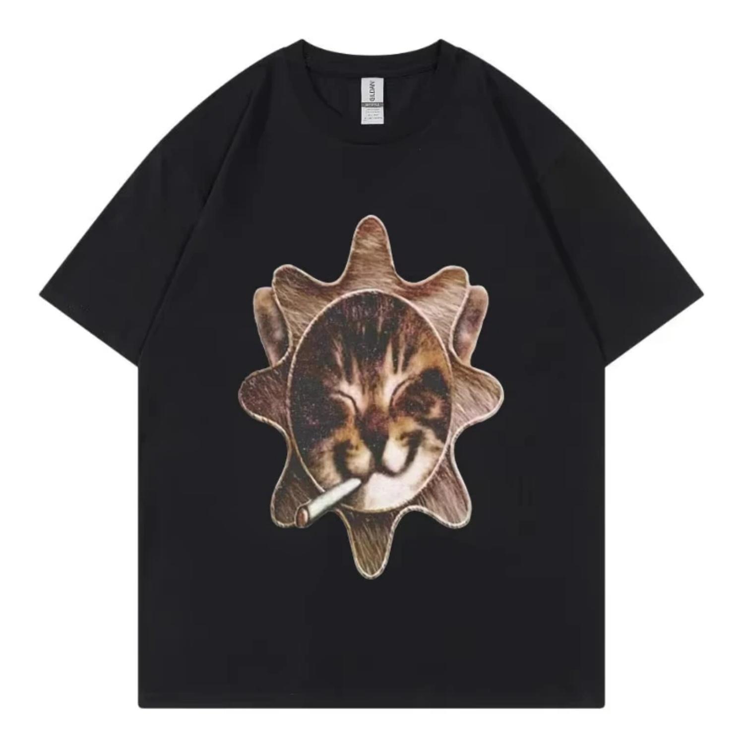 

Che Glo Кошка Котенок Солнце Футболка Унисекс Модный Тренд Винтажные Футболки с Коротким Рукавом Повседневный Комфорт Футболки из Чистого Хлопка Уличная Мода S чёрный