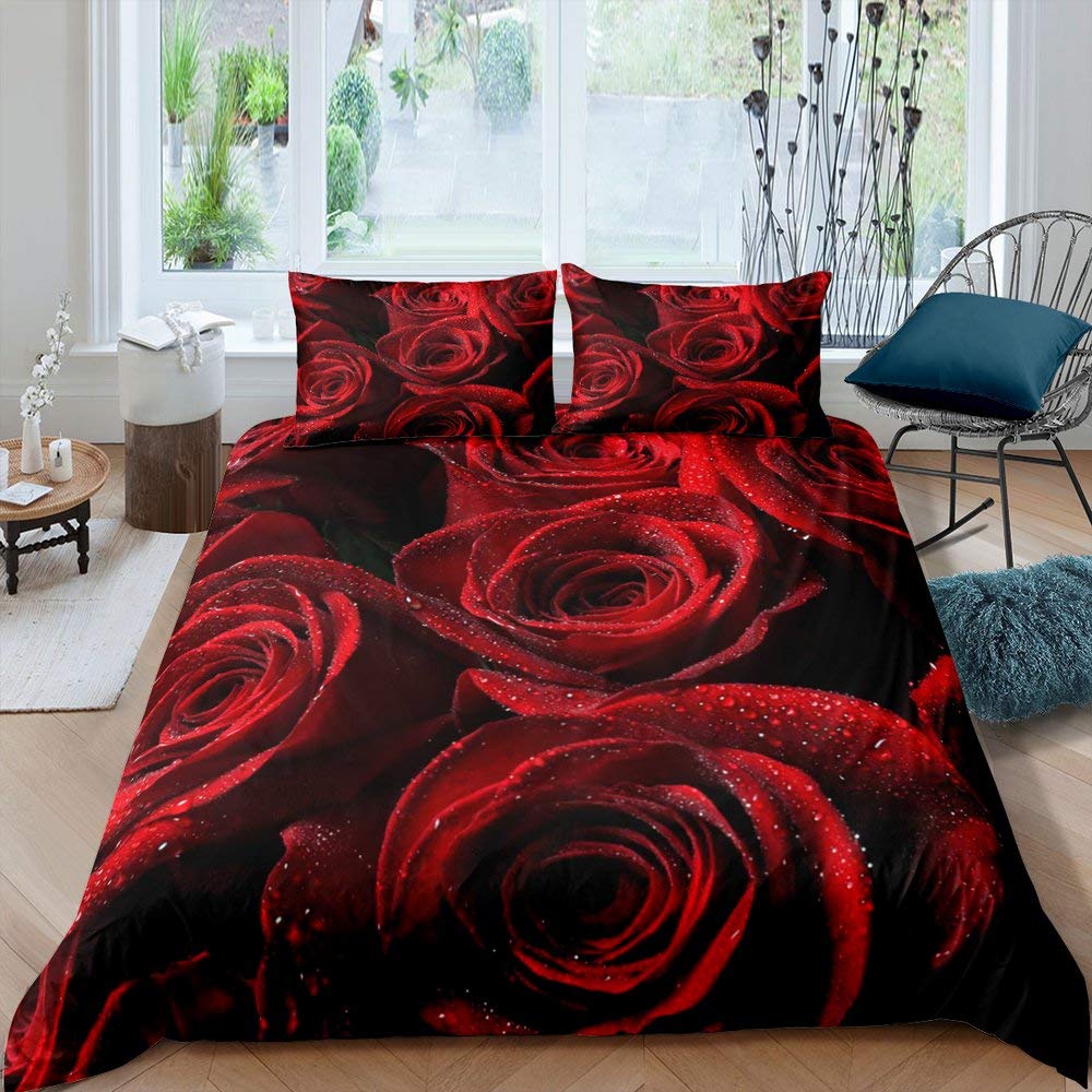 Ensemble Housse de Couette Rose Rouge Ensemble de Literie Imprimé Fleur de Rose Style Romantique Frais Taille King Housse de Couette avec Taies d'Oreiller pour Amoureux