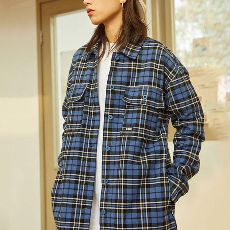 Vans Color-Block Plaid Logo Print Long Sleeve Shirt Women Tops Blue VN0A7TNT2T9