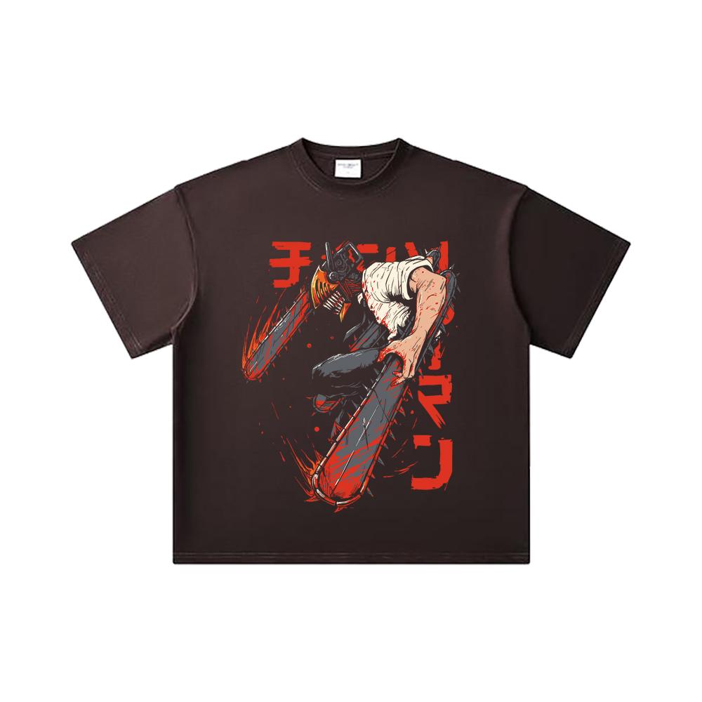 260 GSM Doppelgarn 32er Zählung 100% Baumwolle Chainsaw Man V21 Denji Druck Unisex Schweres Baumwoll-T-Shirt