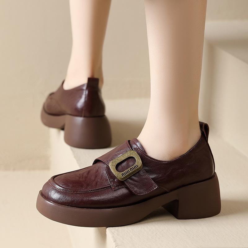 British Fashion Women's Loafers 2025 Autumn New Soft Leather Round Head Platform Shoes Thick Heel Retro Small Leather Shoes