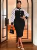 Plus Size Black & White Polka Dot Puff Sleeve Waist-Cinched Shirt Collar Work Dress
