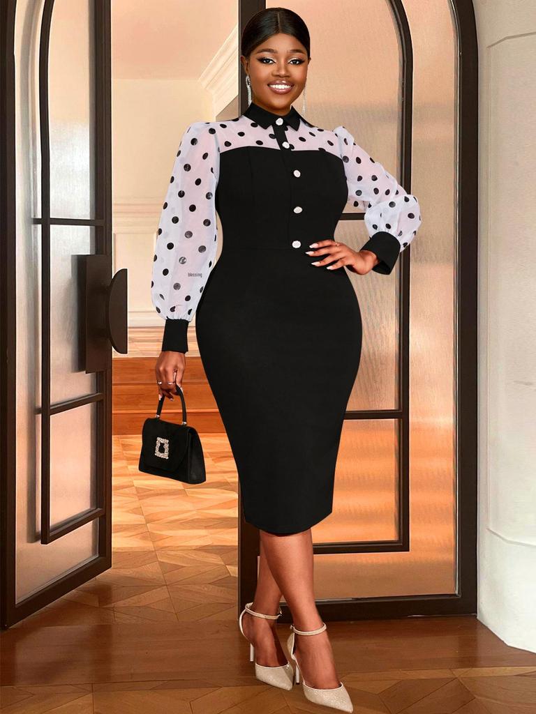 Plus Size Black & White Polka Dot Puff Sleeve Waist-Cinched Shirt Collar Work Dress
