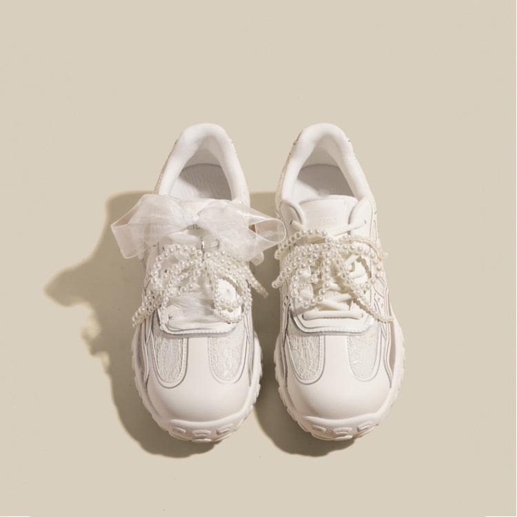 

Cowhide version~ 7 cm height increase crescent lace pearl training shoes women s spring casual platform Forrest Gump sports shoes 40