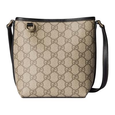 GG Supreme Beige Bucket Bag, Black Leather Trim, Women's Daily Shopping Travel Crossbody Handbag 847090-FAEUC-9741