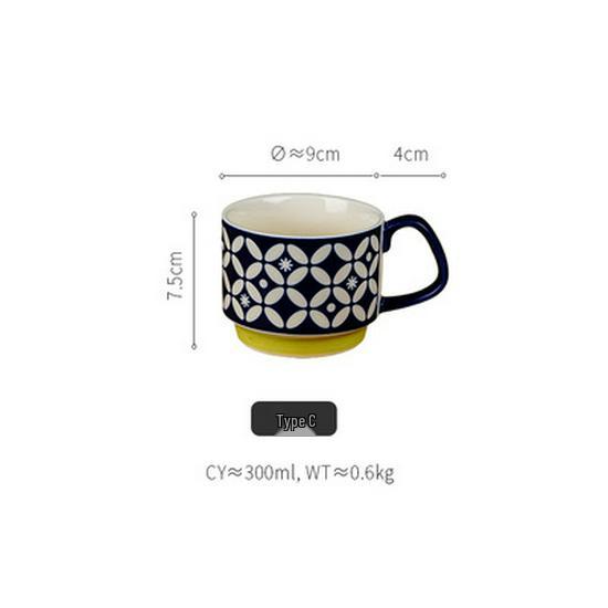 Japanese Retro INS Ceramic Drip Coffee Mug with Print - Stackable Creative Couple Breakfast Cup 300ml