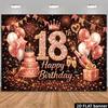 2D Black Rose Gold 18th Birthday Backdrop, Crown & Champagne Background Banner for Women Birthday Photoshoot