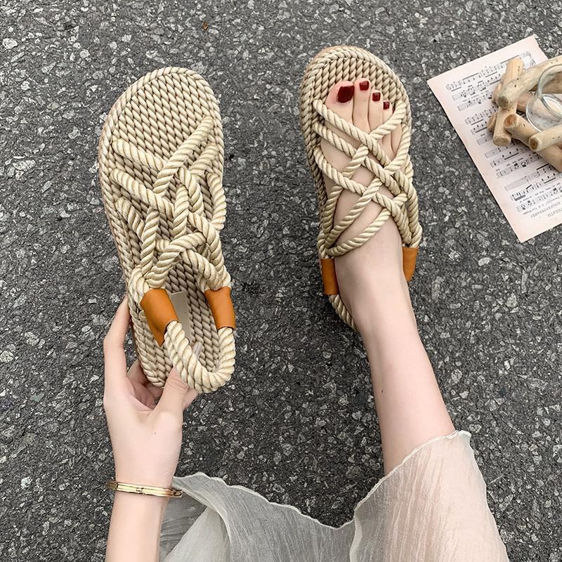 Sandals Women's Hemp Rope Weaving 2025 Summer New Handmade Straw Shoes Internet Celebrities Versatile Wear Roman Beach Sandals Women