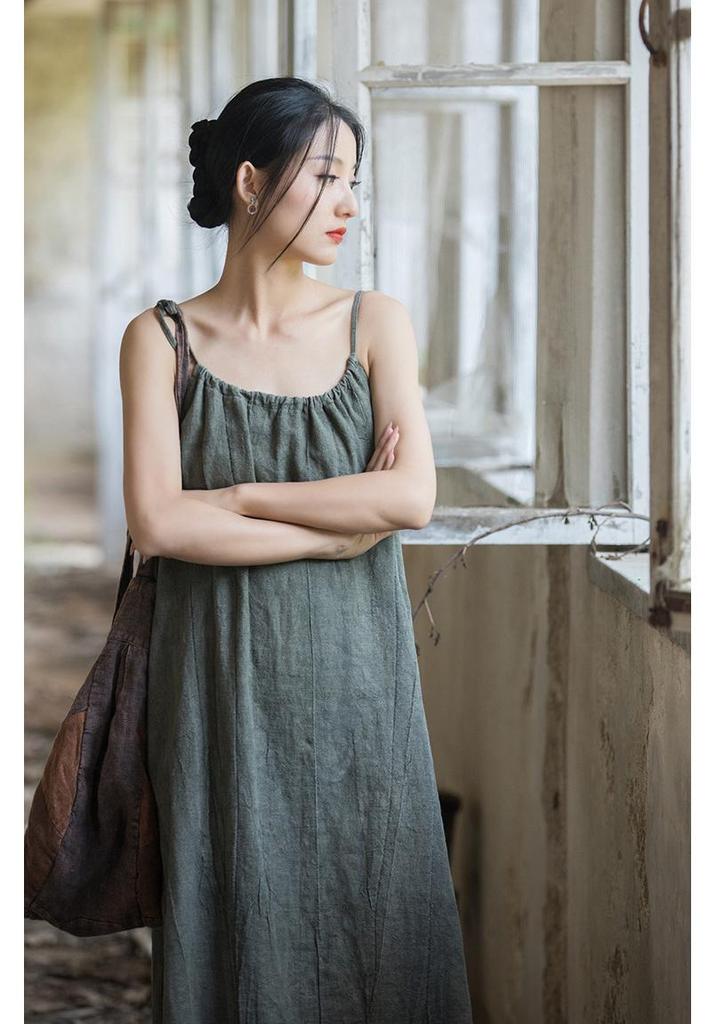 Linen Tie-Dye Adjustable Strappy Dress - Retro French Elegant Casual Wear for Spring and Summer