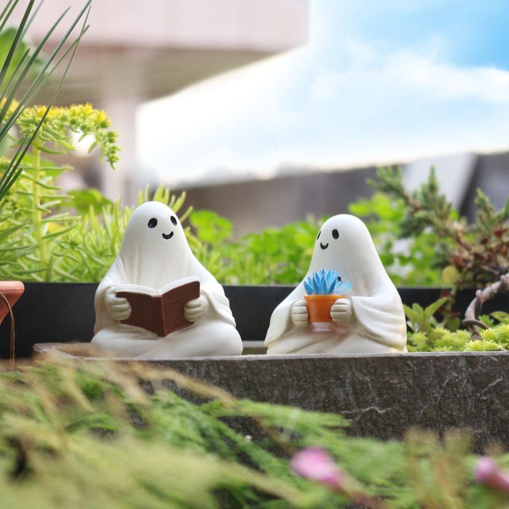 2pcs Resin Halloween Ghost Ornaments Cute Reading Ghost Statue Micro Landscape Ghost Sculpture  Gift