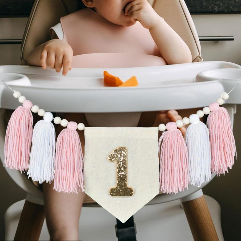 Girl's First Birthday Banner, Decorative Chair Garland with Tassels And Wooden Beads, Polyester