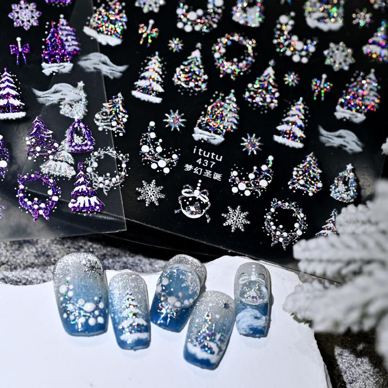 1Pcs Christmas Embossed Nails Art Stickers Dreamy Castle Christmas Tree Snowflake Self-Adhesive Manicure Decals Nail Decoration