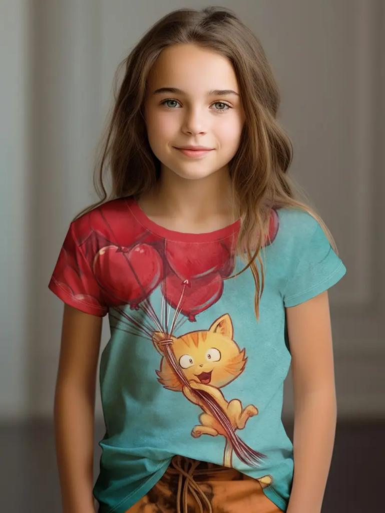 Colorful Cat Girl's T-Shirt Cute Patterns Summer Short Sleeves 3D Print Girl's Top Fashion Casual Streetwear Children's Clothing