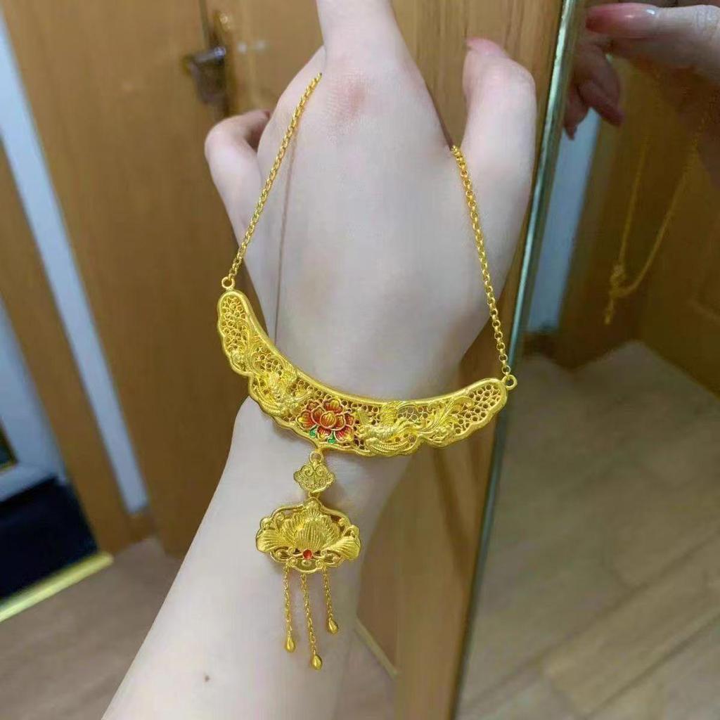 Oriental Beauty Gold Phoenix Cloisonné Lotus Necklace Set with Tassels