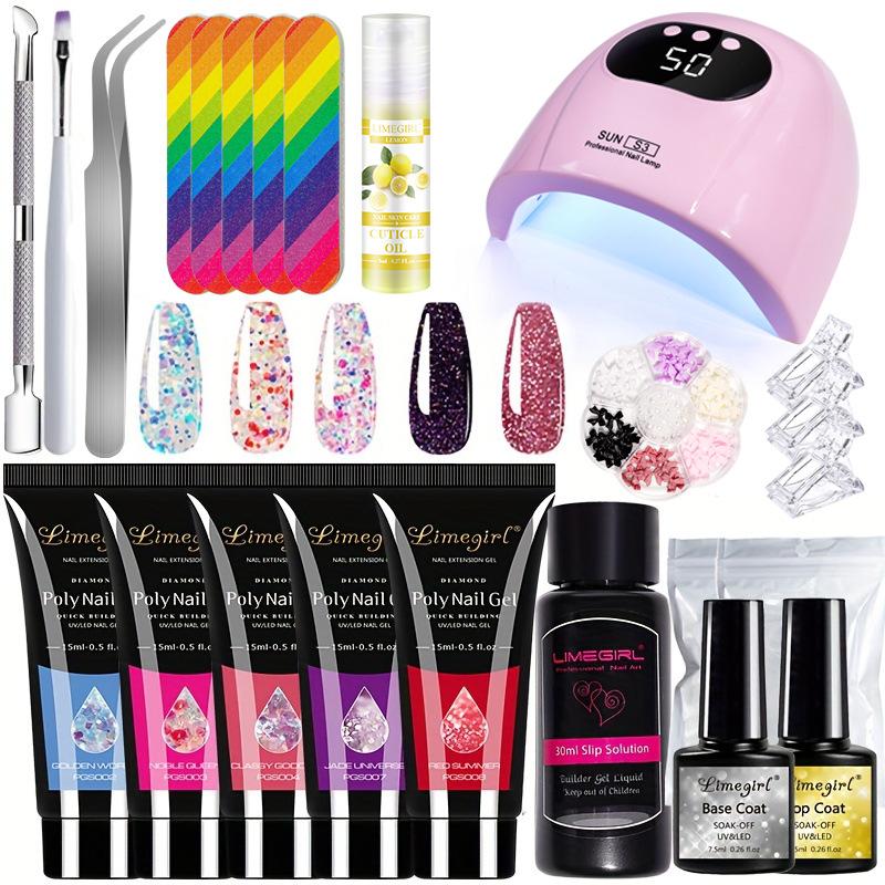 5 Color Gel Nail Polish Kit with Extender Gel, Cuticle Oil, LED Lamp, Cartoon Charms, Nail Tips, Tweezers Set