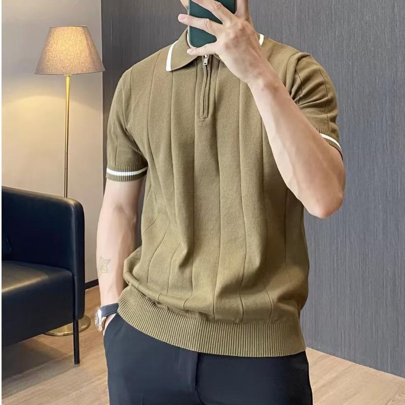 Men's Italian Business Casual Striped Polo Shirt: Light, Breathable, Short-Sleeved, Knitted T-Shirt