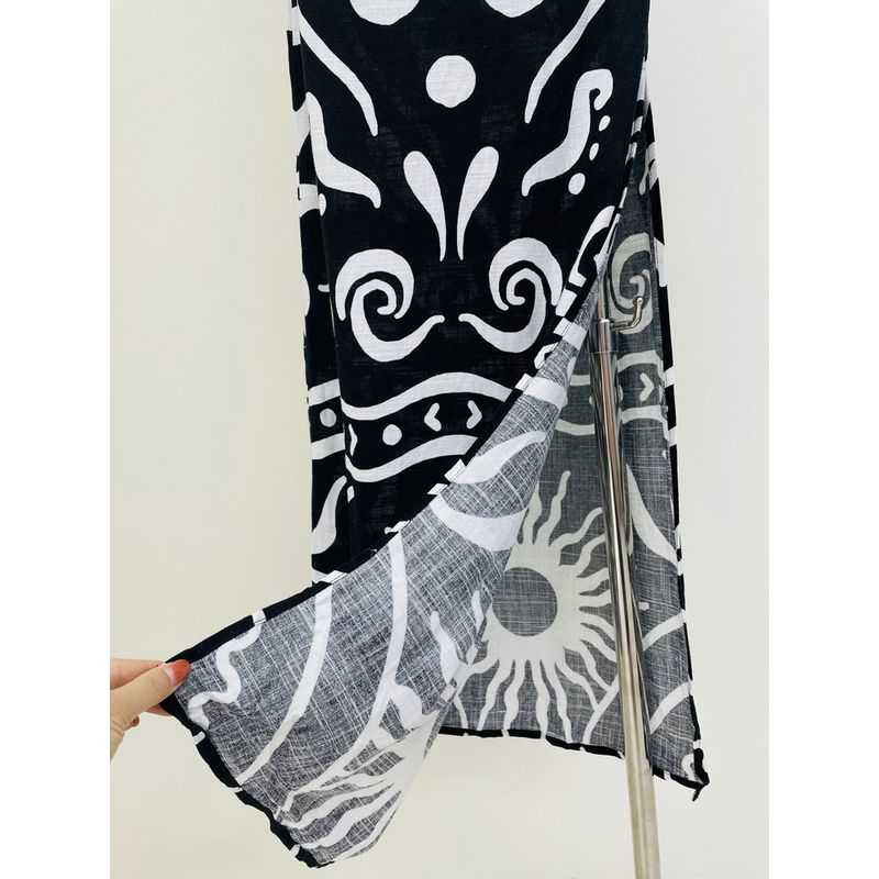 Foreign Trade Original Garment Elements Vacation Artistic Black and White Graffiti Wave Pattern Suspender Skirt Cotton Linen Strap Long dress