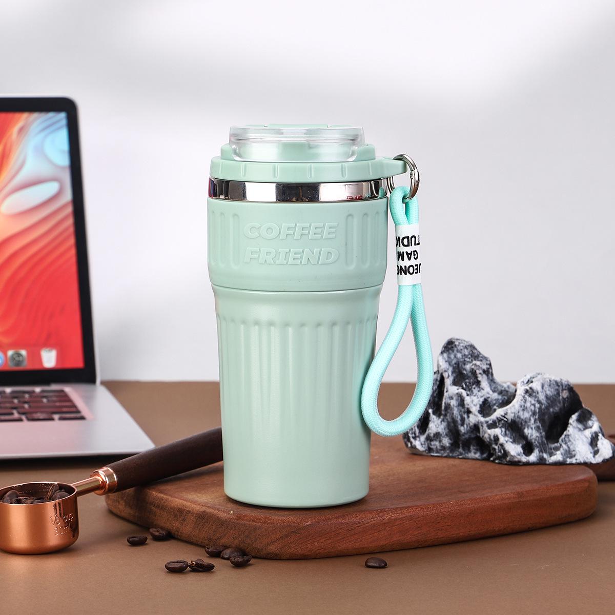 

Portable Insulated Ceramic Liner Coffee Cup with Straw - Unisex Light Luxury Style for Office and Car 500ml зелений