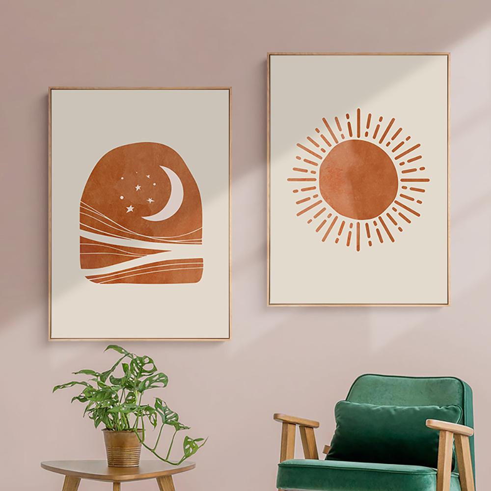 Sol e Lua Decoração Mural Moderno Minimalista Pôster Pintura em Tela e Sala de Estar Arte de Parede Impressões para Decoração Moderna de Casa Sem Moldura