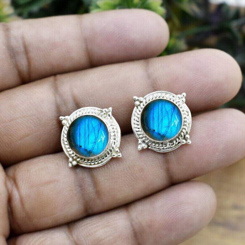 Labradorite Earrings Stud | Round Stud Earrings | Labradorite Stud Earring