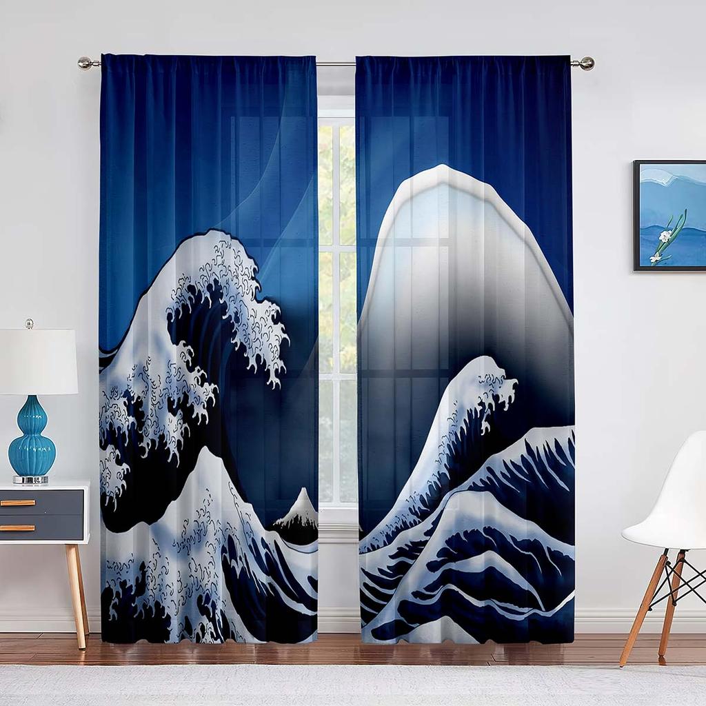 Oriental Culture Hand Drawn Style Japanese Motifs Illustration Wave Tulle Curtains for Living Room Bedroom Sheer Curtain Kitchen