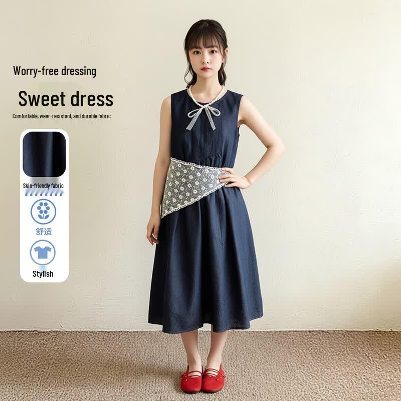 Frog Prince Girls  Deep Blue Bow Sleeveless Maxi Dress 140