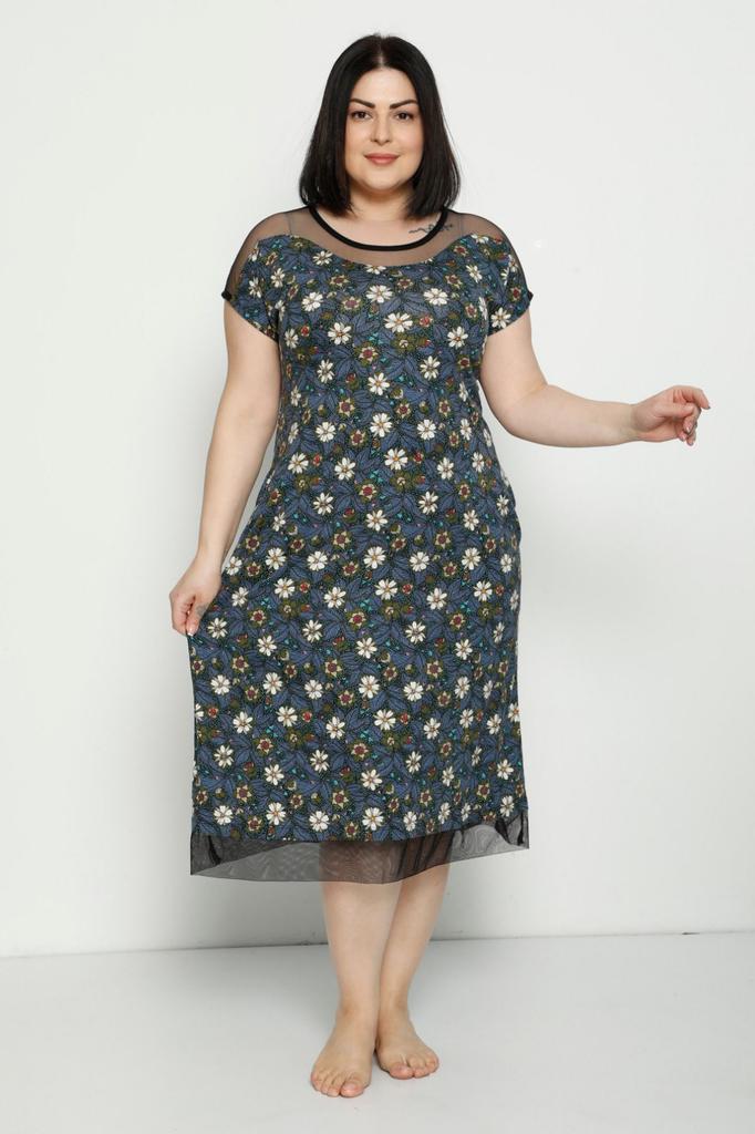 Damska Sukienka w Dużym Rozmiarze Wzorzysta Kieszeń Tiulowe Detale Bawełna Czesana Modal Plus Size Krótki Rękaw Bawełniana Sukienka