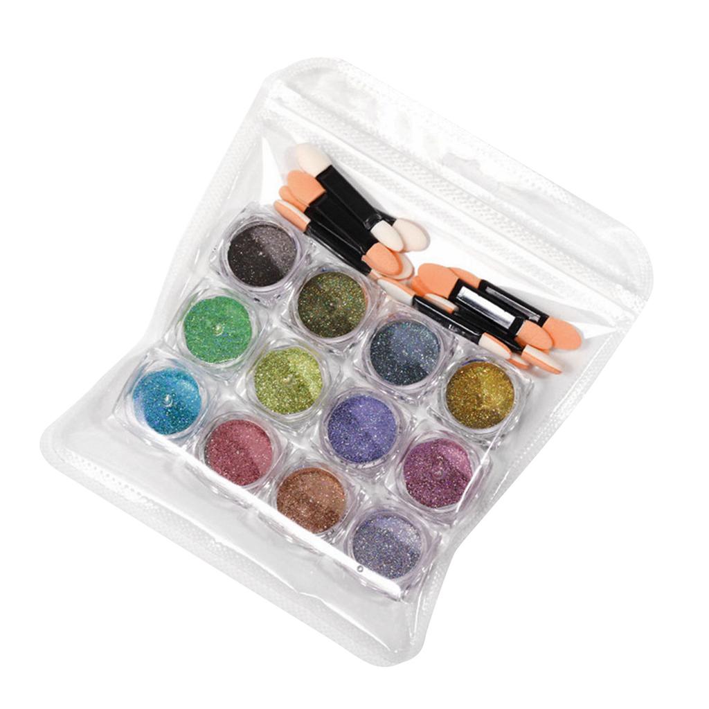 12 Colors Metallic Mirror Nail Powder Iridescent Laser High Glossy with 10 Paint Brush Manicure