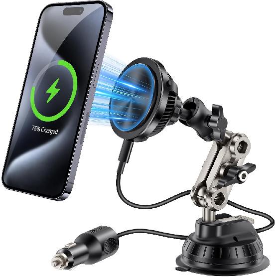 This Hill for MagSafe Car Mount Charger(360° Suction Cup & Aluminum Alloy Telescopic arm),15W Fast Charging Compatible with iPhone 15/14/13/12