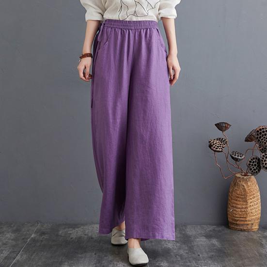 Women Pants Elastic Waistband Adjustable Drawstring Wide Leg Long Pants with Pockets Pure Color Leisure Trousers Summer Travel Work Wear
