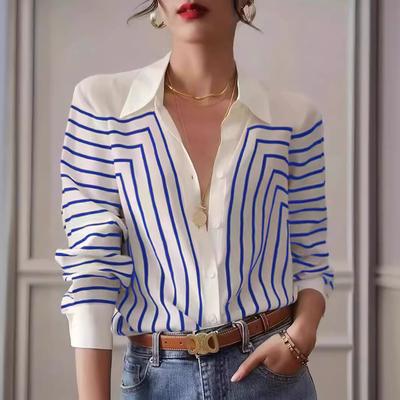 Damen Casual Striped Print V-Ausschnitt Shirt Frühling Herbst Langarm Shirt Büro Mode Dünne Doppel Seide Bluse