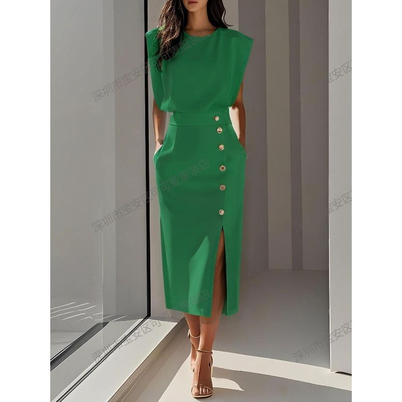 European and American Fashion Royal Sister Style Solid Color Round Neck Waist Split Metal Buttons Summer Dress Women