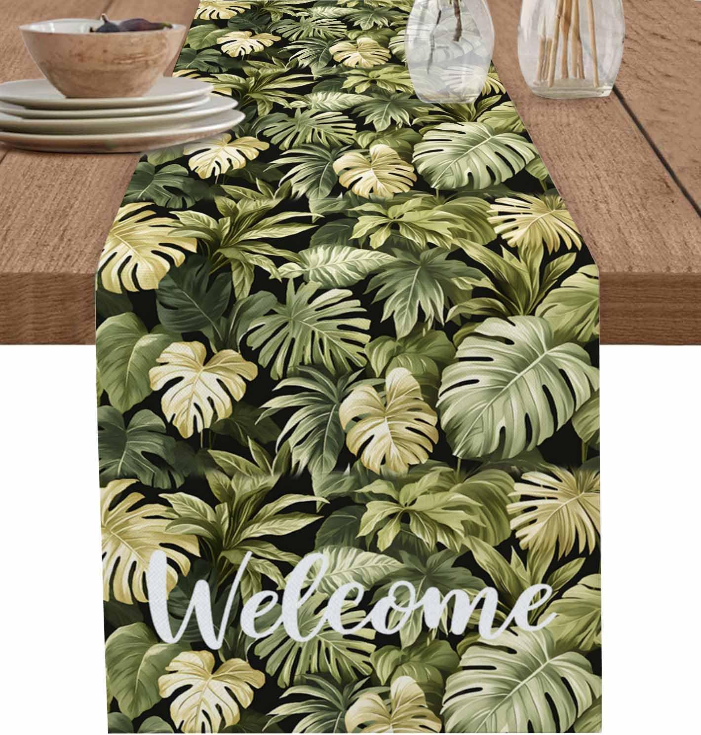 Bienvenue en été Plantes Tropicales Chemin de Table en Lin Foulard Décoratif Commode Décoration Feuilles de Palmier Aquarelle Chemin de Table Décoration Table de Cuisine 150x33cm
