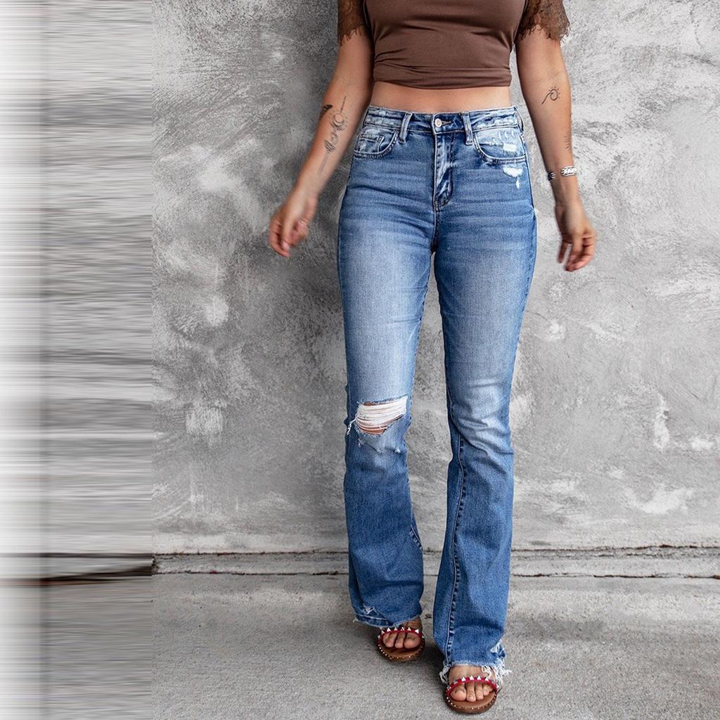 Women's New Fashion Hole High Waist Retro Elastic Slim Micro Flared Pants