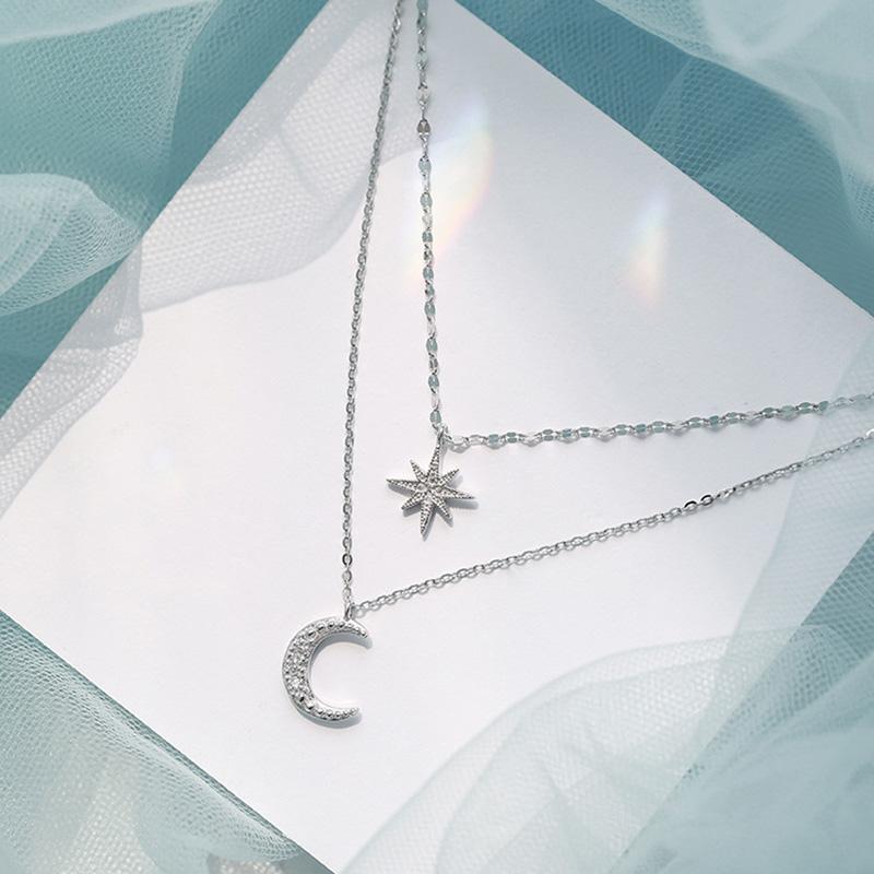 

New 925 Sterling Silver Double Layer Star Moon Necklace Simple Charm Pendant Choker Birthday Gift Women s Fine Jewelry платиновий