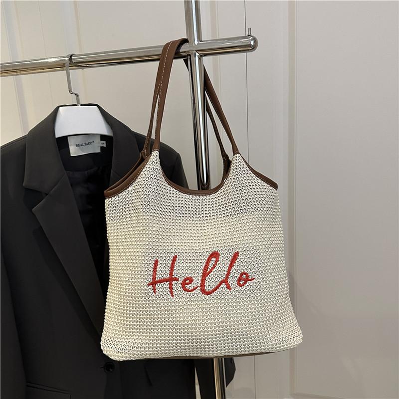 Simple Large Capacity Women Straw Shoulder Bag Casual Letter Embroidery Ladies Woven Bags Commuter Portable Female Tote Handbags бежевый