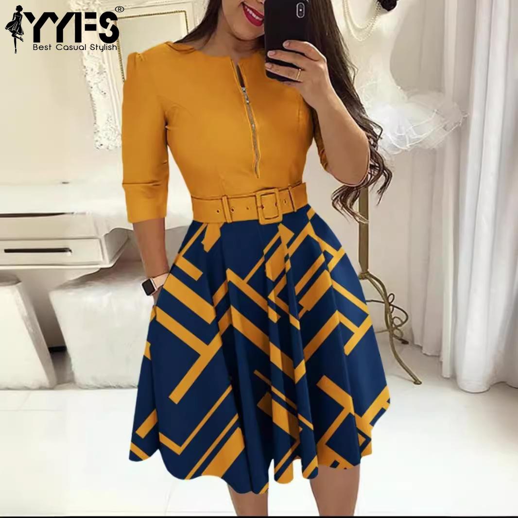 

YYFS Женская мода весна осень с длинным рукавом О-образным вырезом средней талии повседневные платья с поясом S оранжевый